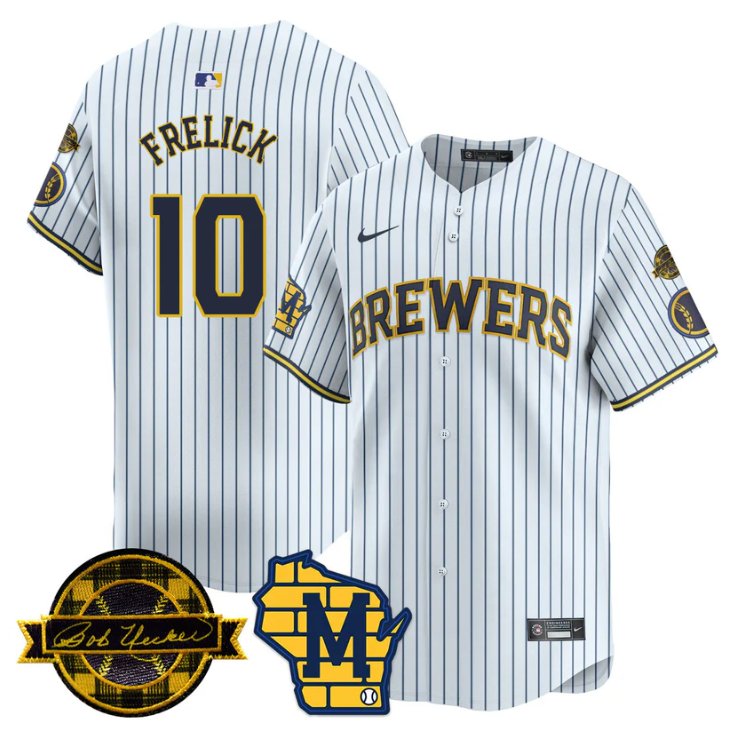 Men's Sal Frelick Jersey #10 Milwaukee Brewers 2025 Limited Bob Uecker Patch Stitched White