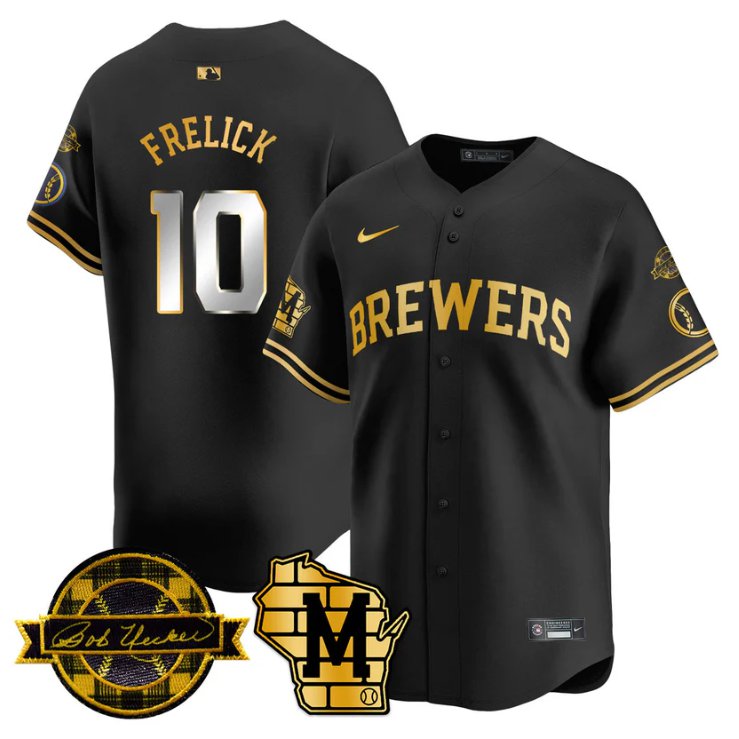 Men's Sal Frelick Jersey #10 Milwaukee Brewers 2025 Limited Bob Uecker Patch Stitched Black Gold