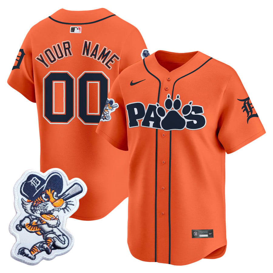 Detroit Tigers Paws Patch Vapor Premier Limited Custom Stitched Baseball Jersey Orange