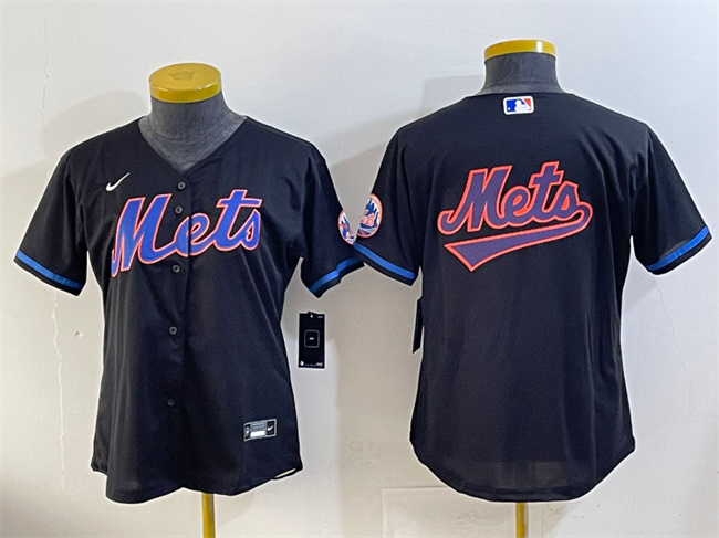 Women's New York Mets Team Big Logo Black Cool Base Stitched Baseball Jersey