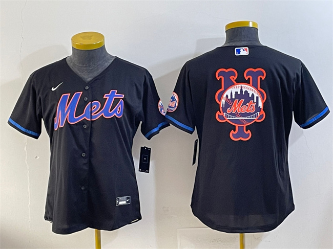 Women's New York Mets Team Big Logo Black Cool Base Stitched Baseball Jerseys