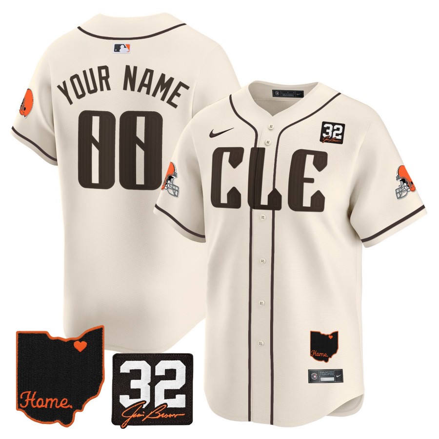 CLE Browns #32 Jim Brown Memorial & Home Patch Vapor Premier Limited Custom Stitched Baseball Jersey Cream