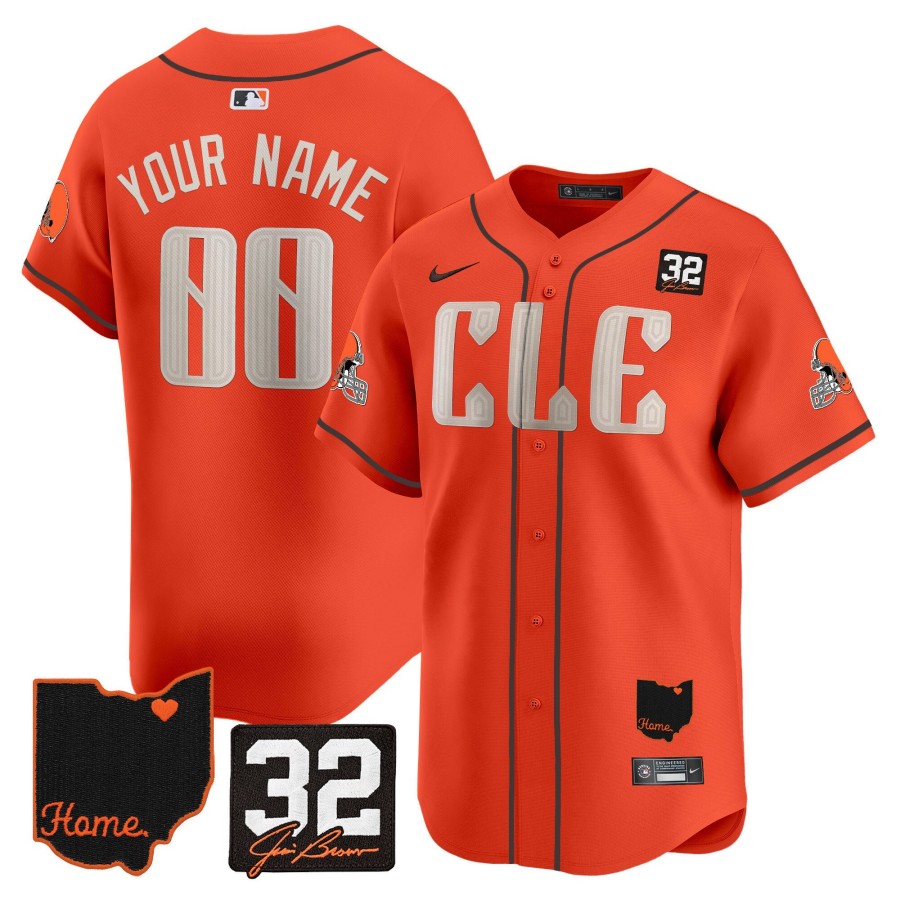CLE Browns #32 Jim Brown Memorial & Home Patch Vapor Premier Limited Custom Stitched Baseball Jersey Orange