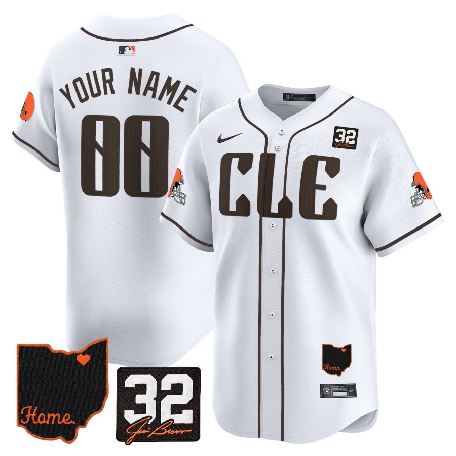 CLE Browns #32 Jim Brown Memorial & Home Patch Vapor Premier Limited Custom Stitched Baseball Jersey White