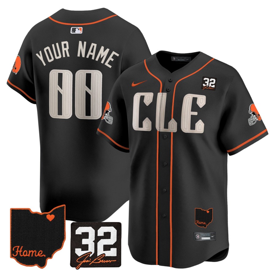 CLE Browns #32 Jim Brown Memorial & Home Patch Vapor Premier Limited Custom Stitched Baseball Jersey Black