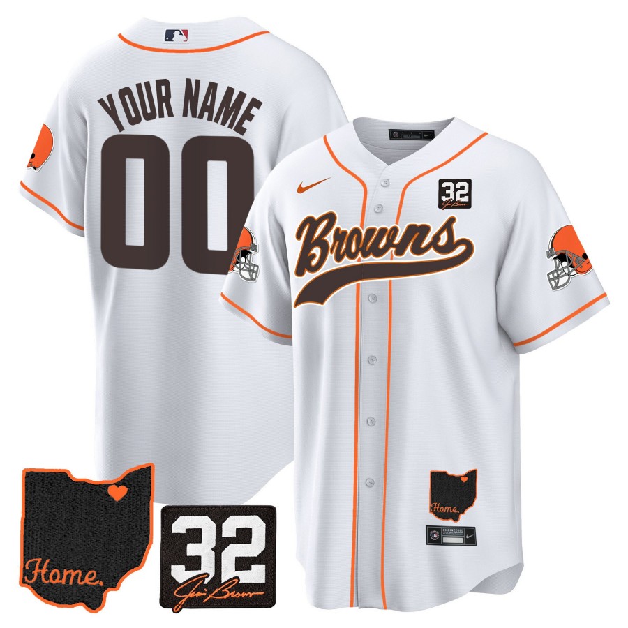 Cleveland Browns #32 Jim Brown Memorial & Home Patch Custom Nike Stitched MLB Baseball Jersey White