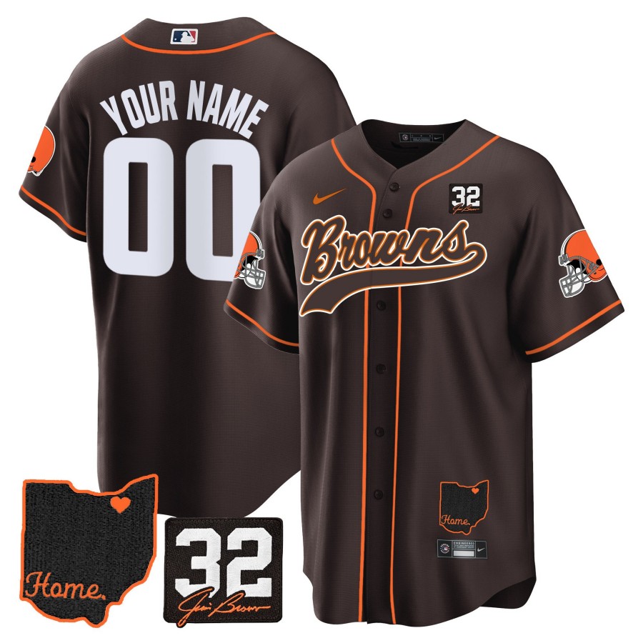 Cleveland Browns #32 Jim Brown Memorial & Home Patch Custom Nike Stitched MLB Baseball Jersey Black