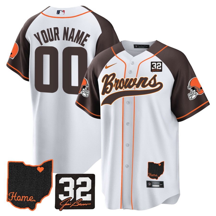 Cleveland Browns #32 Jim Brown Memorial & Home Patch Custom Nike Stitched MLB Baseball Jersey Inverted