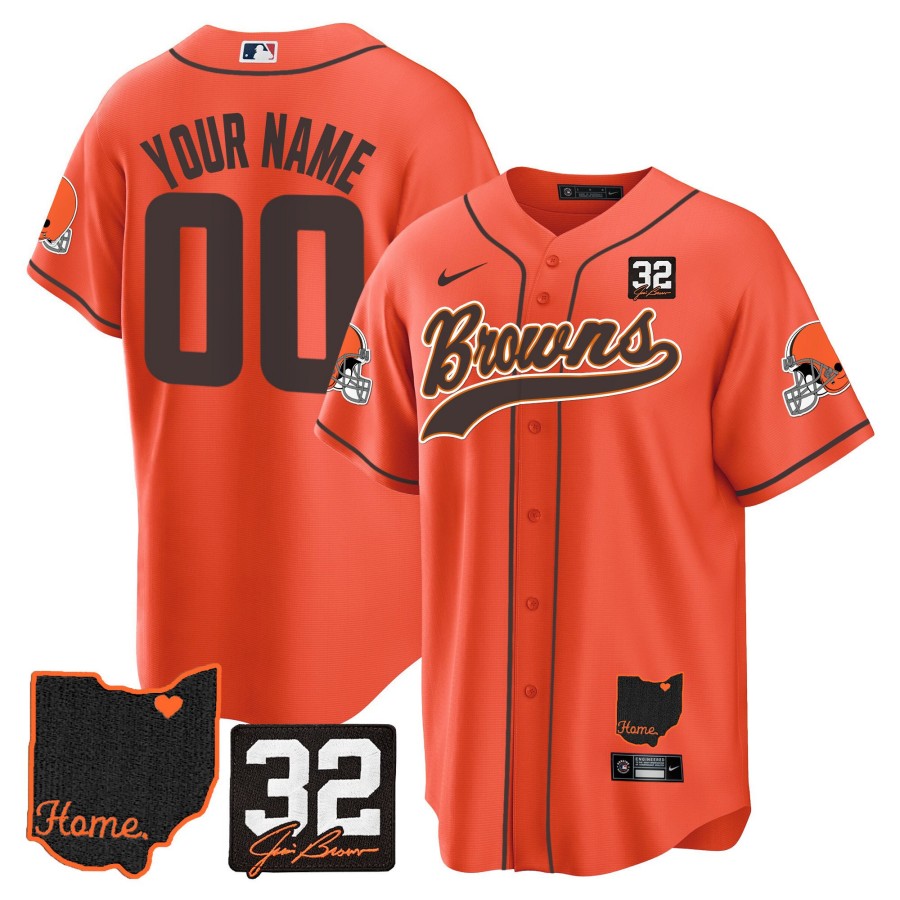 Cleveland Browns #32 Jim Brown Memorial & Home Patch Custom Nike Stitched MLB Baseball Jersey Orange