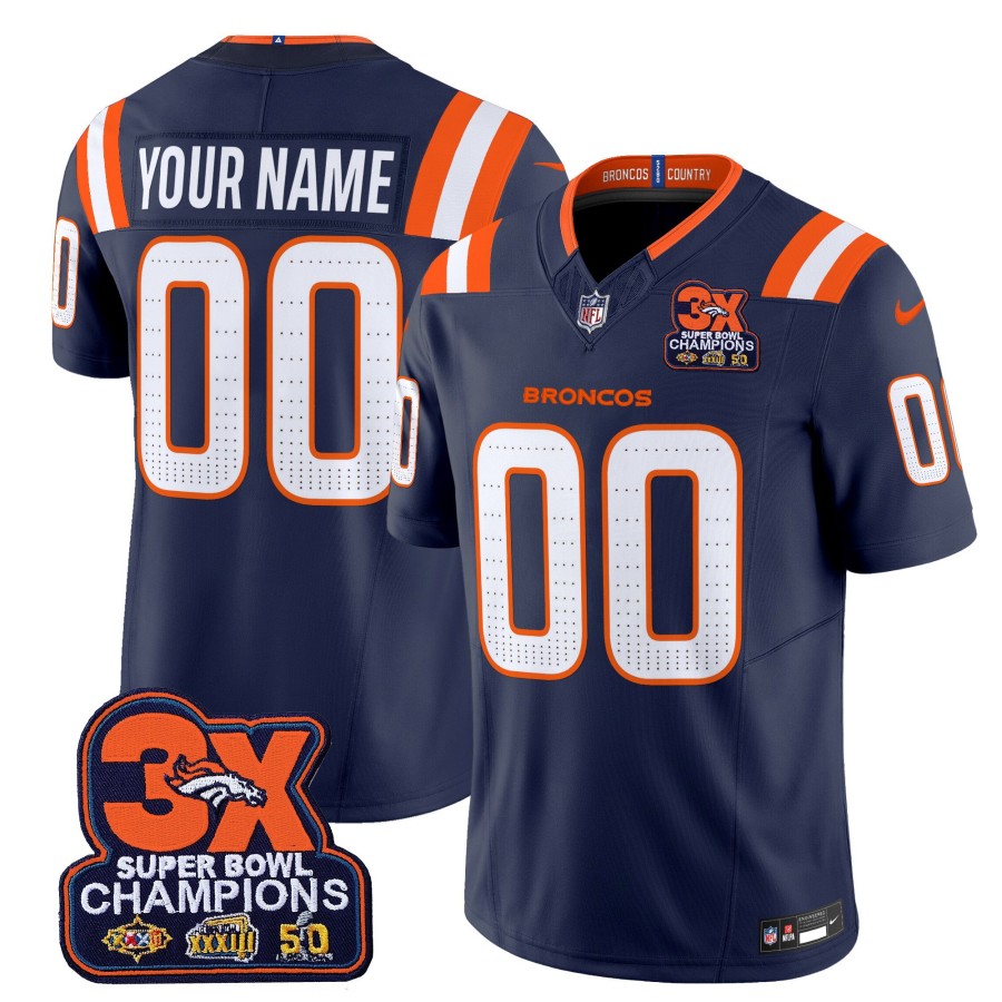Denver Broncos Custom 3-Time Champions Patch Vapor Limited Stitched Jersey Navy