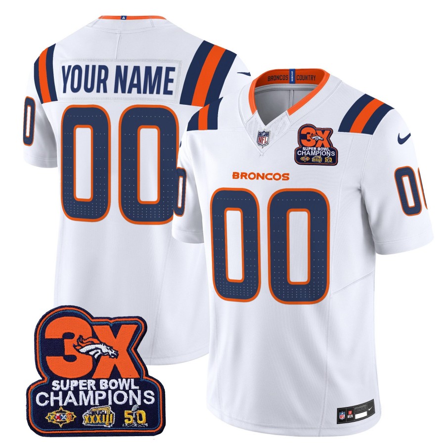 Denver Broncos Custom 3-Time Champions Patch Vapor Limited Stitched Jersey White