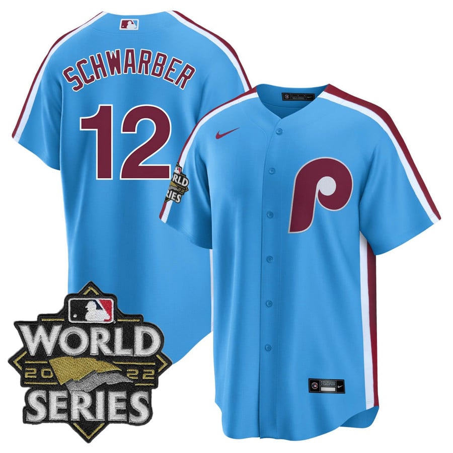 Men's Philadelphia Phillies #12 Kyle Schwarber Blue 2022 World Series Patch Stitched Baseball Jersey