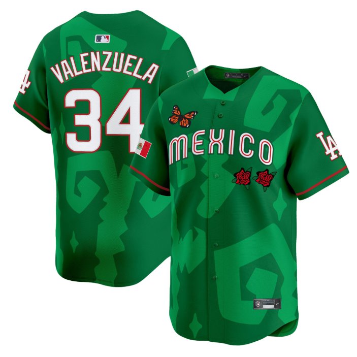 Men's Los Angeles Dodgers #34 Fernando Valenzuela Green 2025 Mexican Heritage x Sentrock Limited Stitched Baseball Jersey