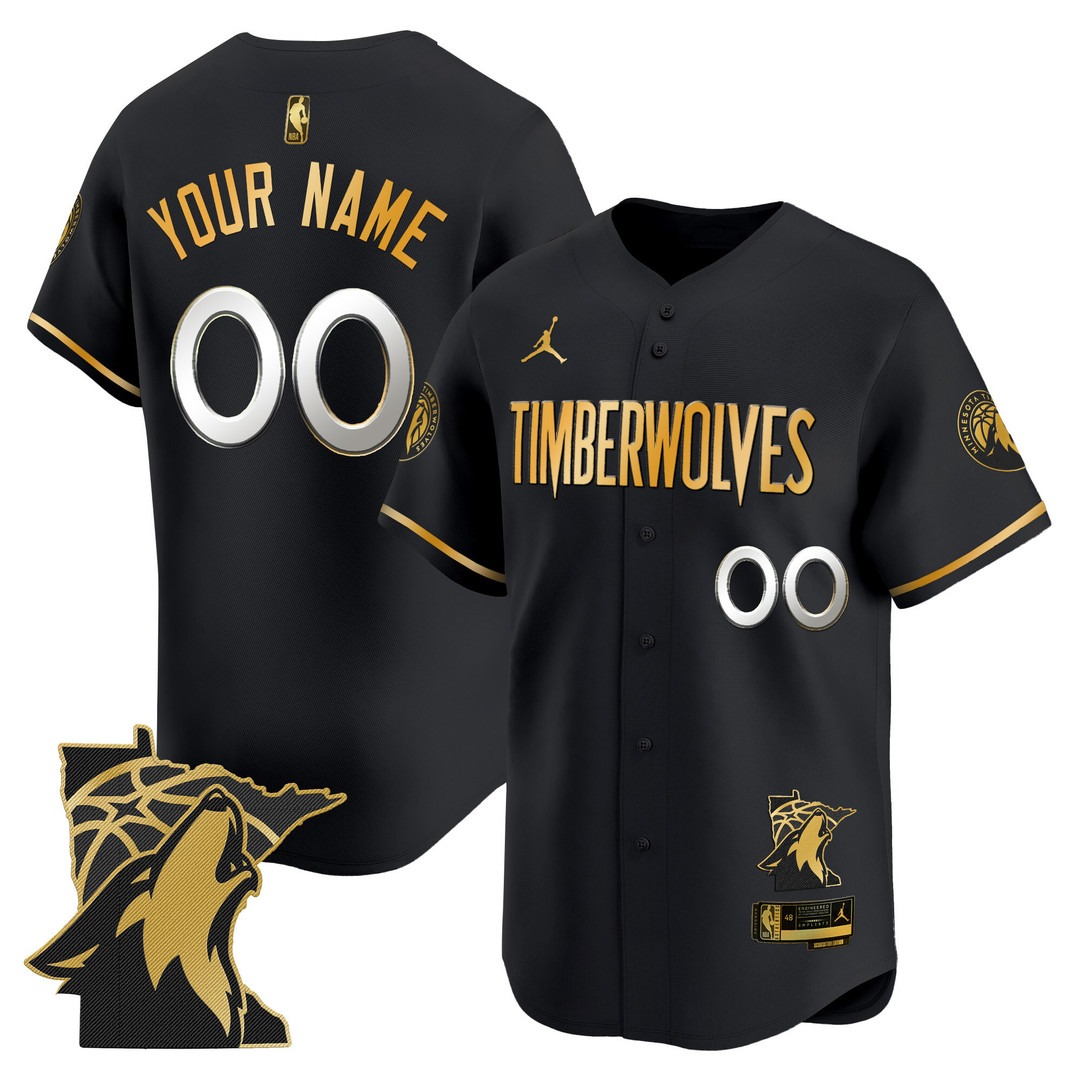 Minnesota Timberwolves 2025 Vapor Baseball Custom Jersey Black Gold - All Stitched
