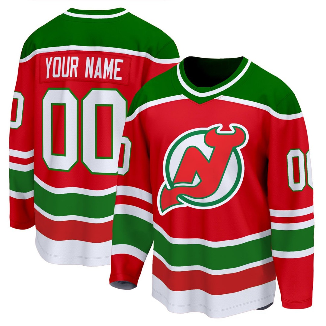 New Jersey Devils Red & Green 1982-92 Throwback Custom Stitched Hockey Jersey - All Gender