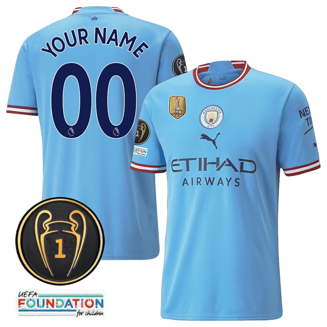 Manchester City C1 Champions Gold Patch Home Custom Jersey V2