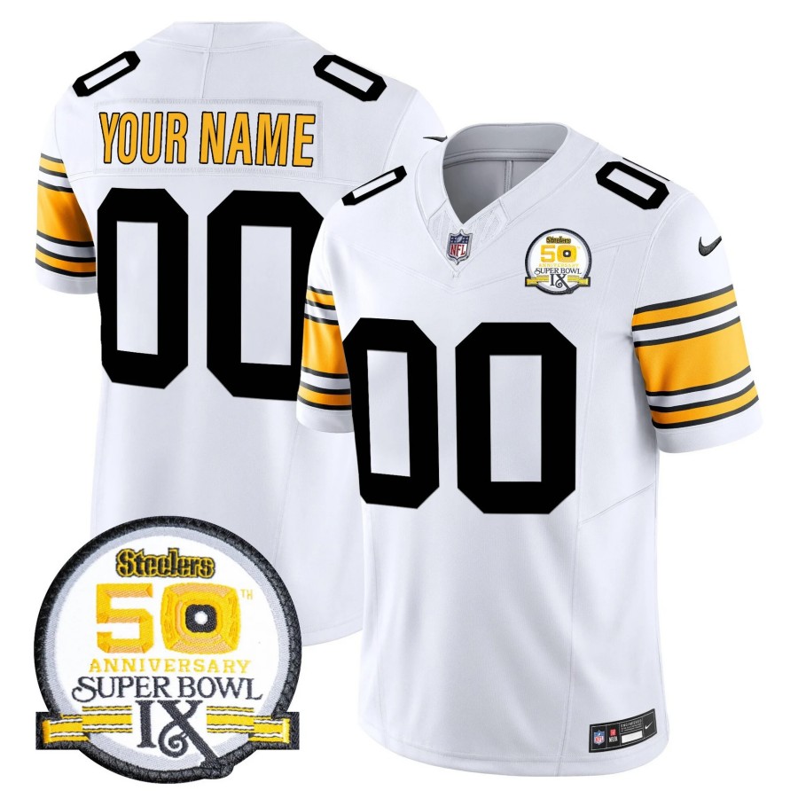 Men's Steelers Custom 1975 White 50th Anniversary Of Super Bowl IX Patch F.U.S.E. Vapor Limited Stitched Jersey