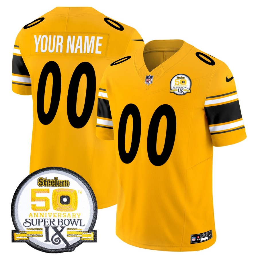 Men's Steelers Custom Gold 50th Anniversary Of Super Bowl IX Patch F.U.S.E. Vapor Limited Stitched Jersey