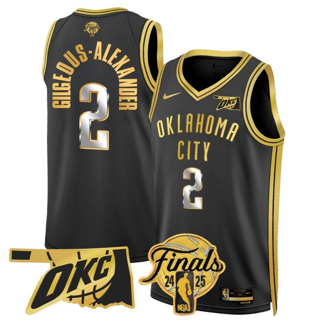 Men's Oklahoma City Thunder #2 Shai Gilgeous-Alexander NBA 2024-25 Finals Patch Black Gold Stitched Basketball Jersey
