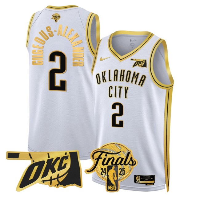 Men's Oklahoma City Thunder #2 Shai Gilgeous-Alexander NBA 2024-25 Finals Patch White Gold Stitched Basketball Jersey