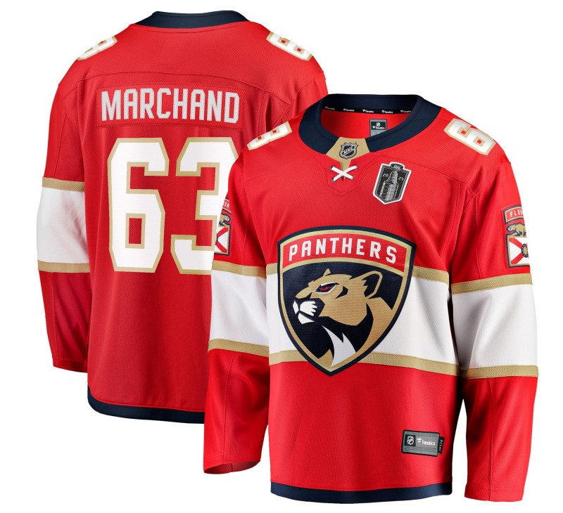 Men's Florida Panthers #63 Brad Marchand Red 2025 Stanley Cup Final Home Stitched Hockey Jersey