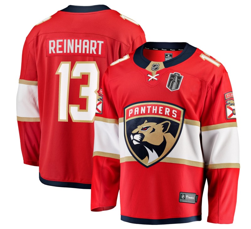 Men's Florida Panthers #13 Sam Reinhart Red 2025 Stanley Cup Final Home Stitched Hockey Jersey