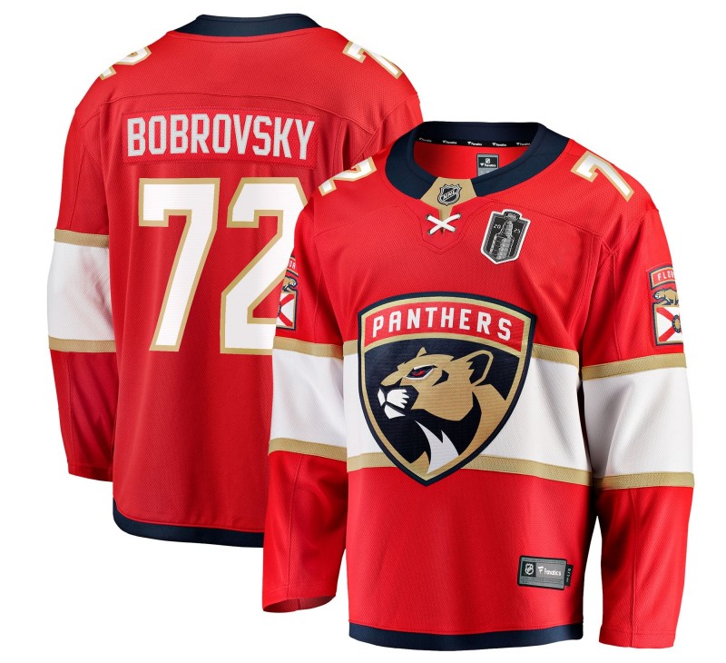 Men's Florida Panthers #72 Sergei Bobrovsky Red 2025 Stanley Cup Final Home Stitched Hockey Jersey