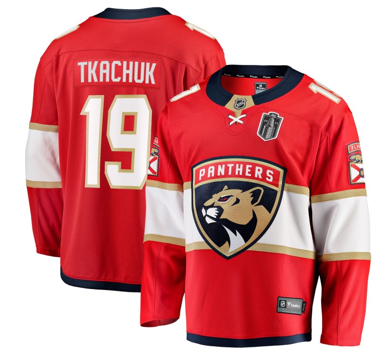 Men's Florida Panthers #19 Matthew Tkachuk Red 2025 Stanley Cup Final Home Stitched Hockey Jersey