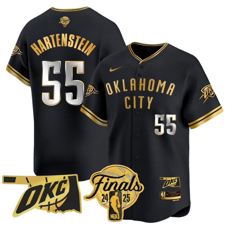 Men's Oklahoma City Thunder #55 Isaiah Hartenstein 2024-25 NBA Finals Patch Limited Stitched Baseball Jersey Black Gold
