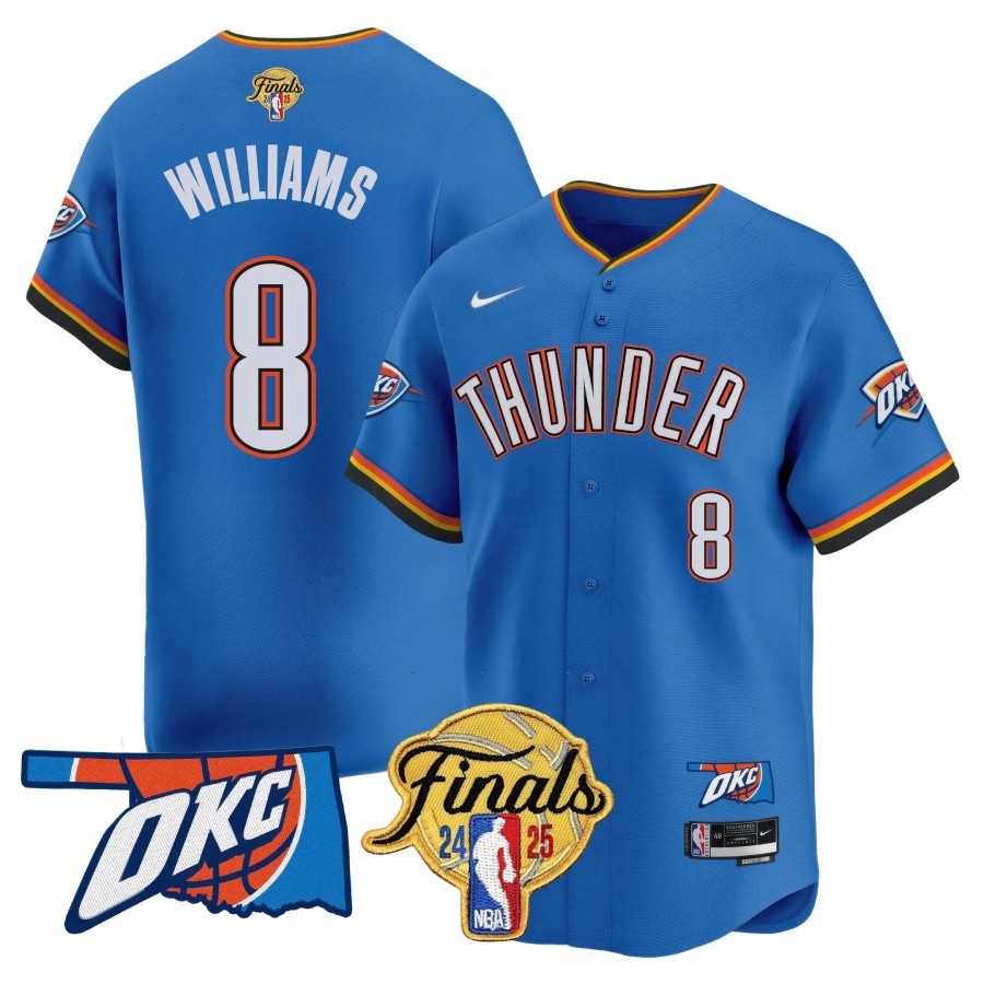 Men's Oklahoma City Thunder #8 Jalen Williams 2024-25 NBA Final Patchs Limited Stitched Baseball Jersey Icon Blue