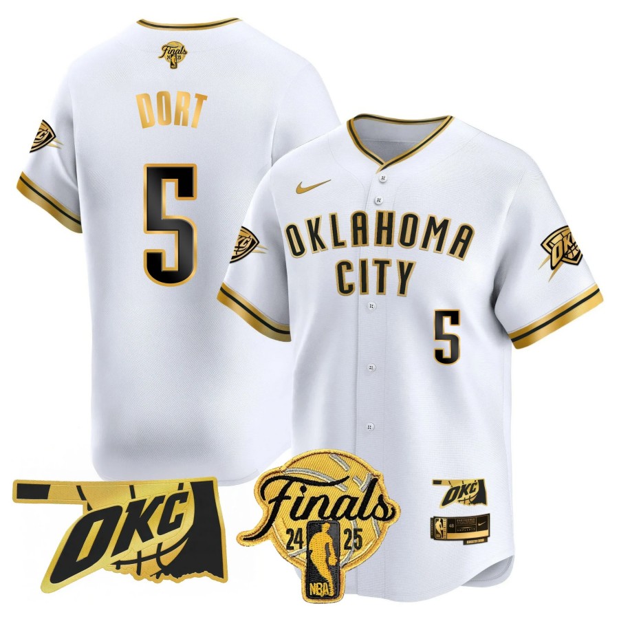 Men's Oklahoma City Thunder #5 Luguentz Dort 2024-25 NBA Final Patchs Limited Stitched Baseball Jersey White Gold