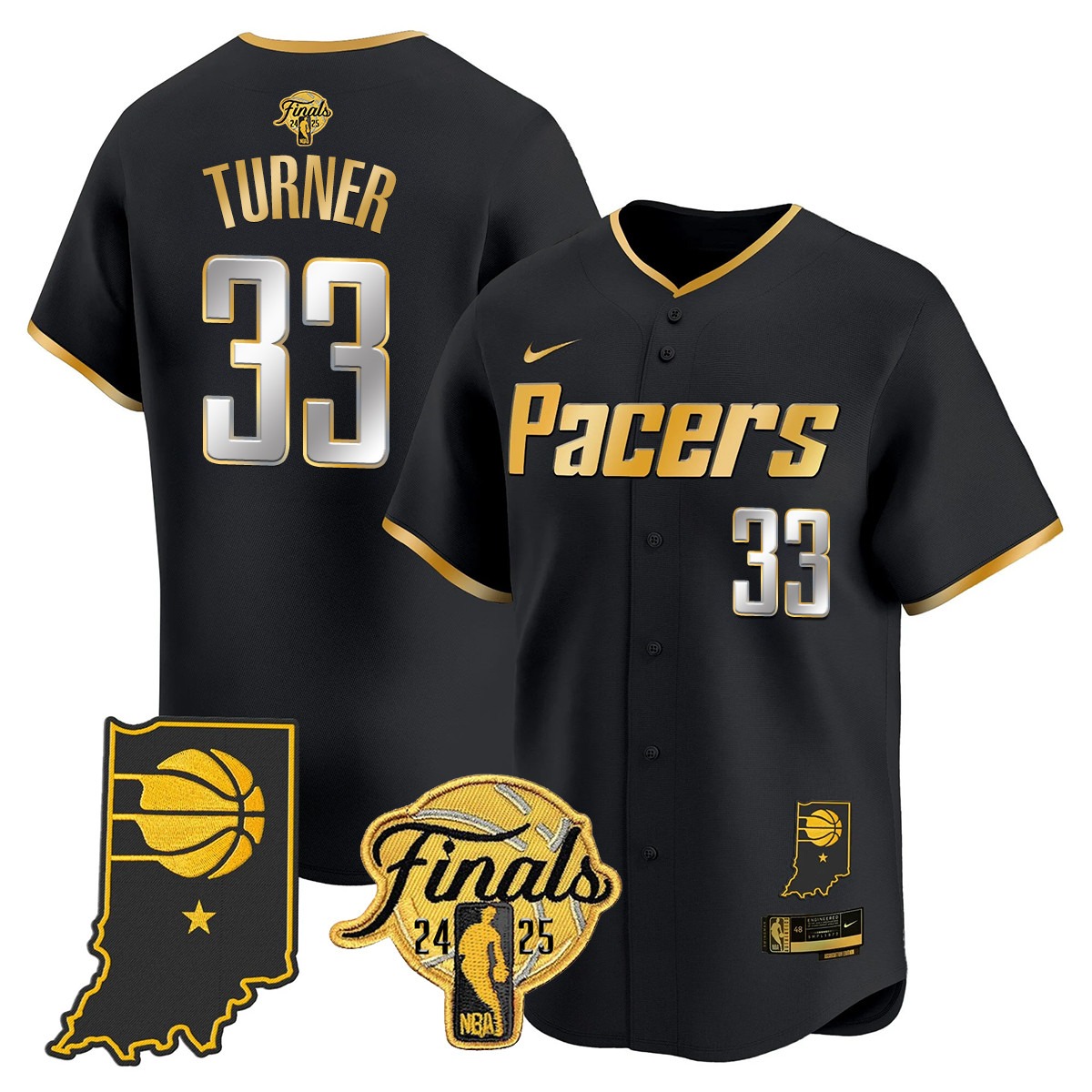 Men's Indiana Pacers #33 Myles Turner 2025 NBA Final Patch Limited Stitched Baseball Jersey Black Gold