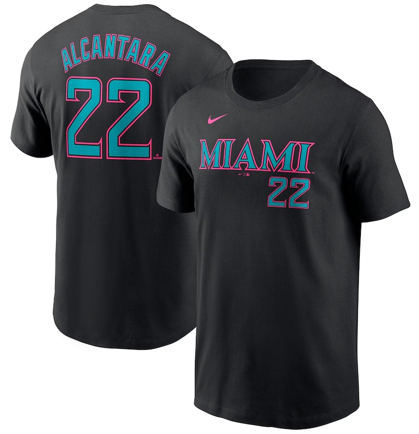 Men's Miami Marlins #22 Sandy Alcantara Nike Black 2025 City Connect Fuse Name & Number T-Shirt