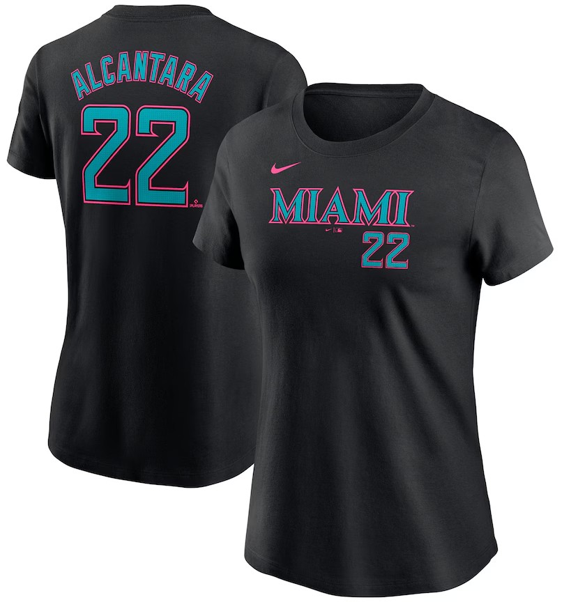 Women's Miami Marlins #22 Sandy Alcantara Nike Black 2025 City Connect Fuse Name & Number T-Shirt