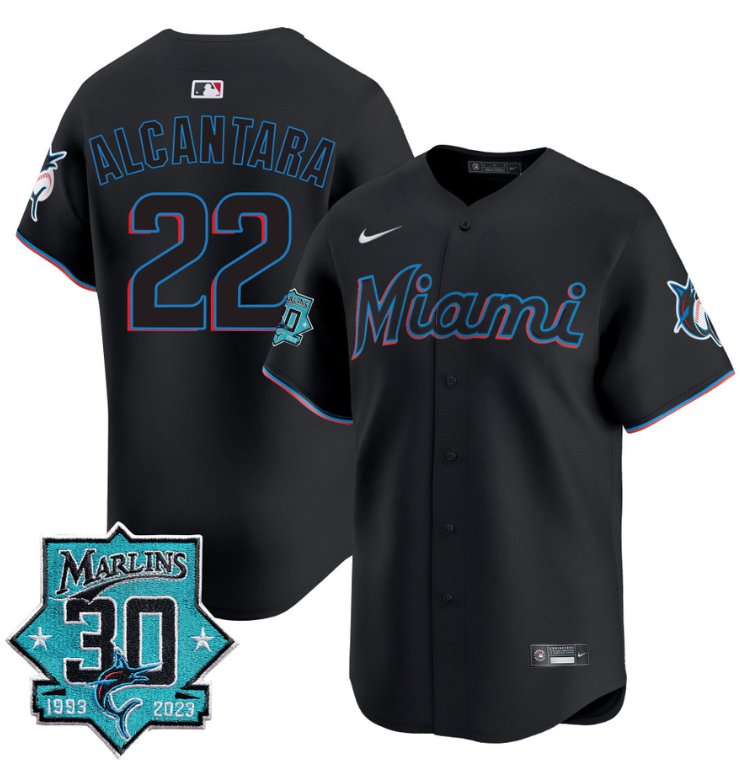 Men's Sandy Alcantara Jersey #22 Miami Marlins 30 Seasons Anniversary Patch Limited Stitched Black