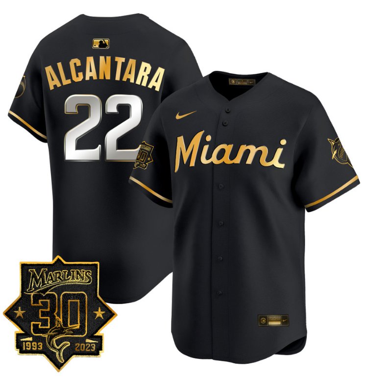Men's Sandy Alcantara Jersey #22 Miami Marlins 30 Seasons Anniversary Patch Limited Stitched Black Gold