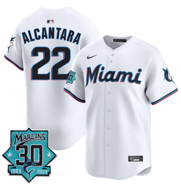 Men's Sandy Alcantara Jersey #22 Miami Marlins 30 Seasons Anniversary Patch Limited Stitched White
