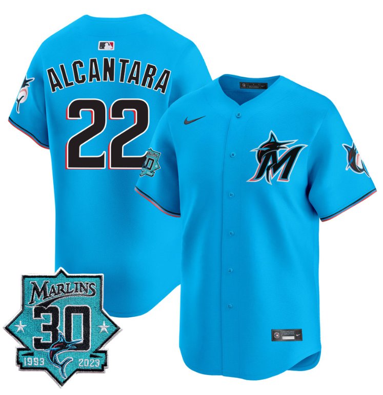 Men's Sandy Alcantara Jersey #22 Miami Marlins 30 Seasons Anniversary Patch Limited Stitched Blue
