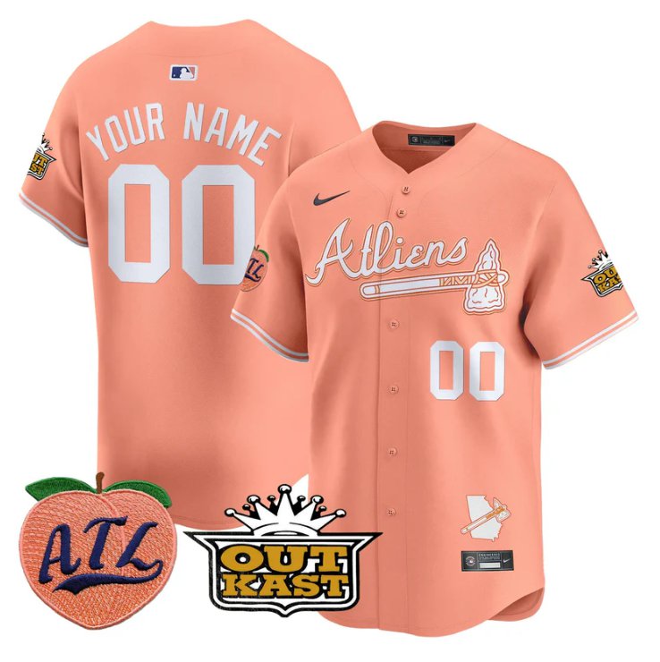 Atliens Atlanta Braves Active Player Custom Peach Outkast Patch Limited Stitched Jersey Peach