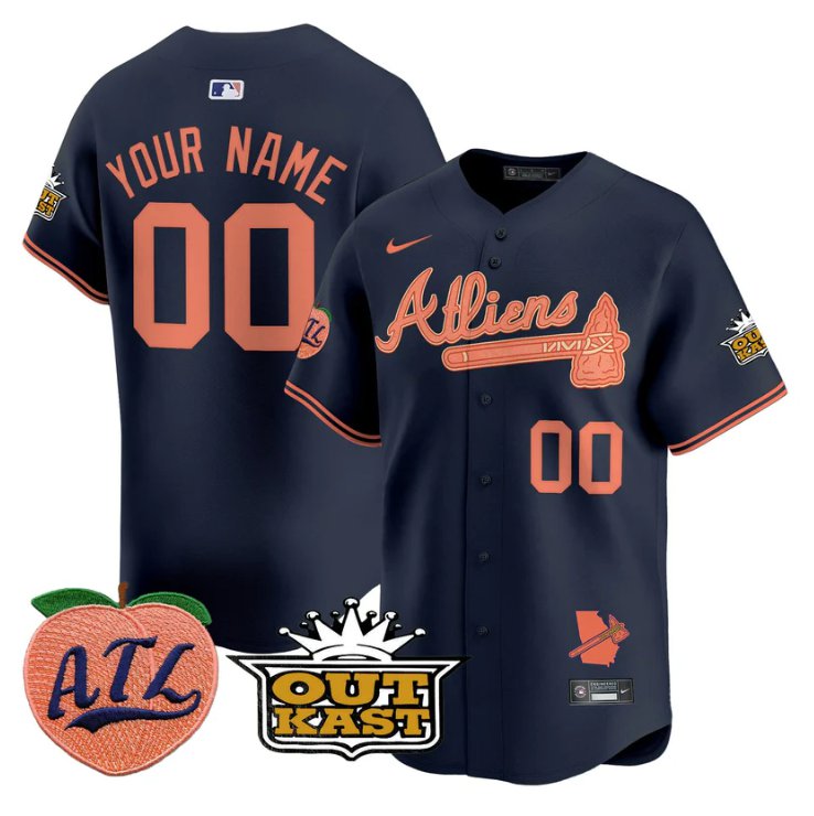 Atliens Atlanta Braves Active Player Custom Peach Outkast Patch Limited Stitched Jersey Navy