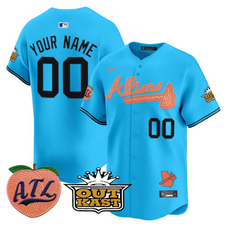 Atliens Atlanta Braves Active Player Custom Peach Outkast Patch Limited Stitched Jersey Light Blue