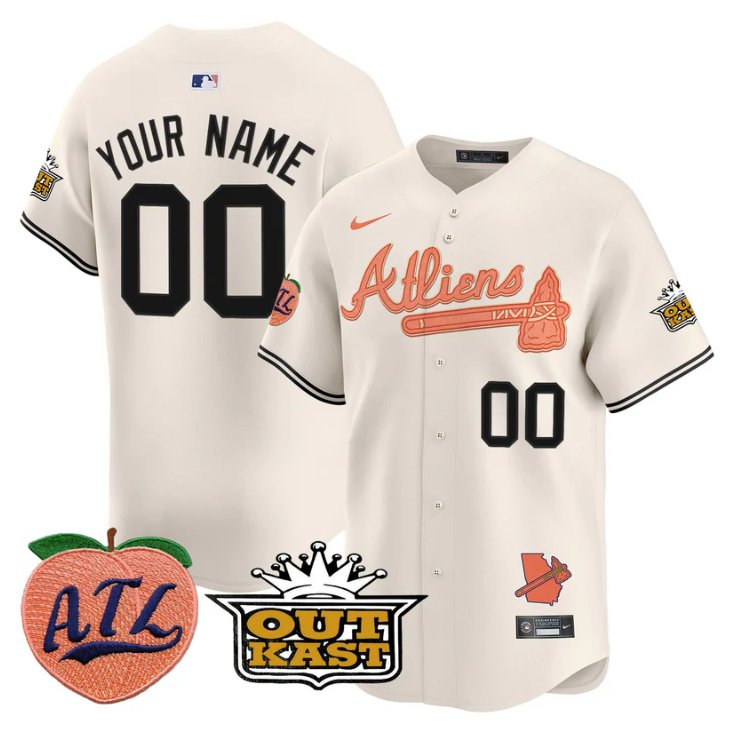 Atliens Atlanta Braves Active Player Custom Peach Outkast Patch Limited Stitched Jersey Cream