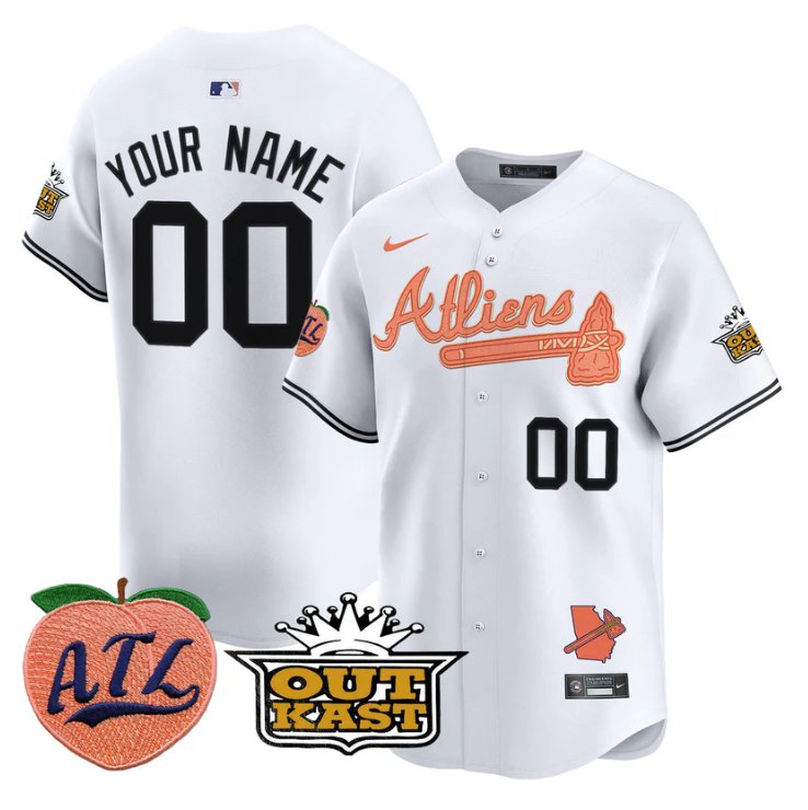 Atliens Atlanta Braves Active Player Custom Peach Outkast Patch Limited Stitched Jersey  White
