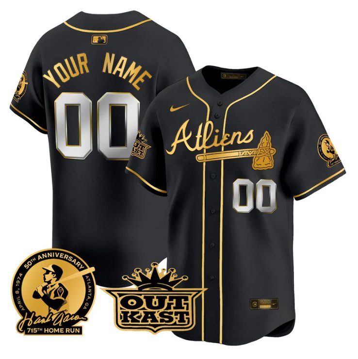 Atliens Atlanta Braves Active Player Custom Hank Aaron Outkast Patch Limited Stitched Jersey Black Gold