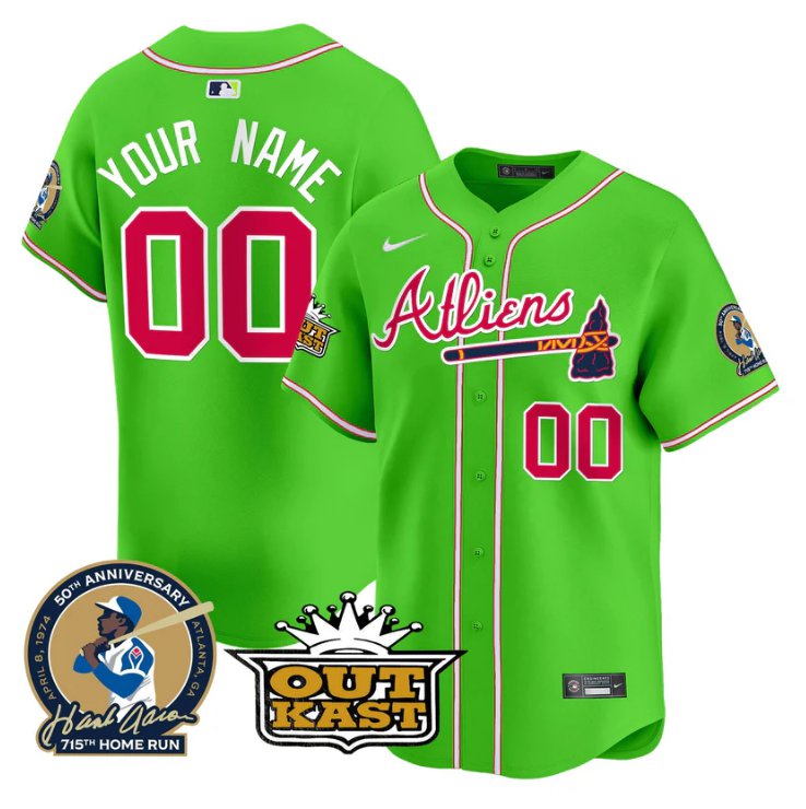 Atliens Atlanta Braves Active Player Custom Hank Aaron Outkast Patch Limited Stitched Jersey Bright Green