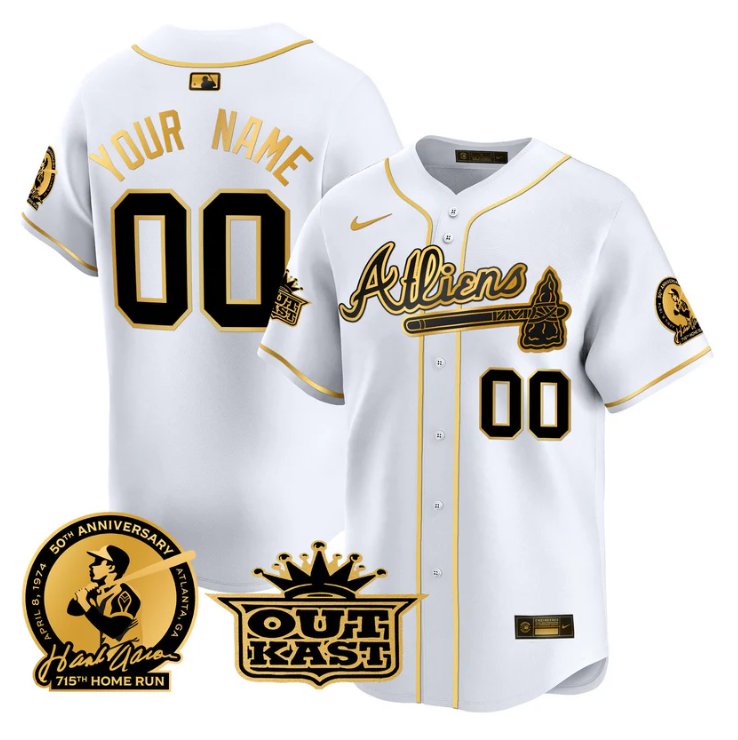 Atliens Atlanta Braves Active Player Custom Hank Aaron Outkast Patch Limited Stitched Jersey White Gold