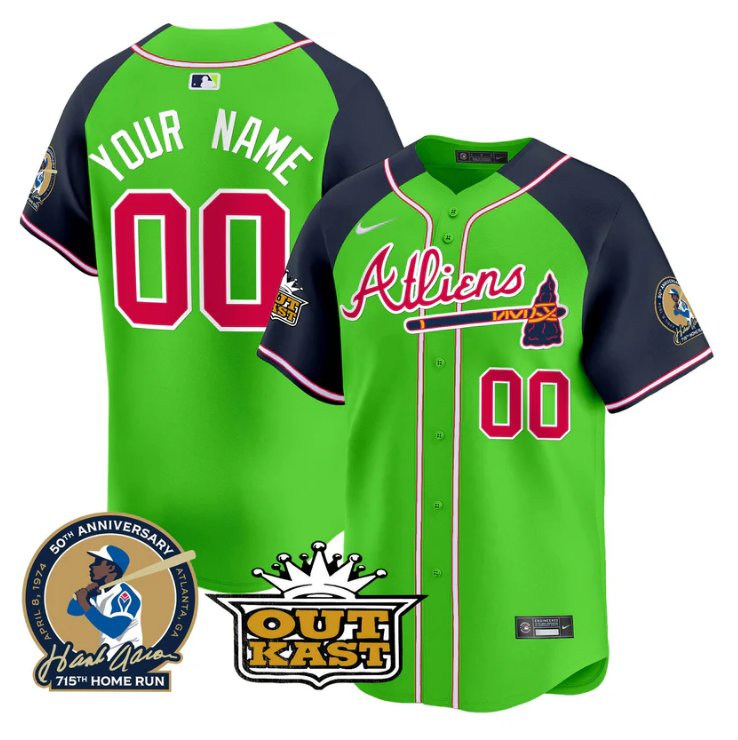 Atliens Atlanta Braves Active Player Custom Hank Aaron Outkast Patch Limited Stitched Jersey Green Alternate