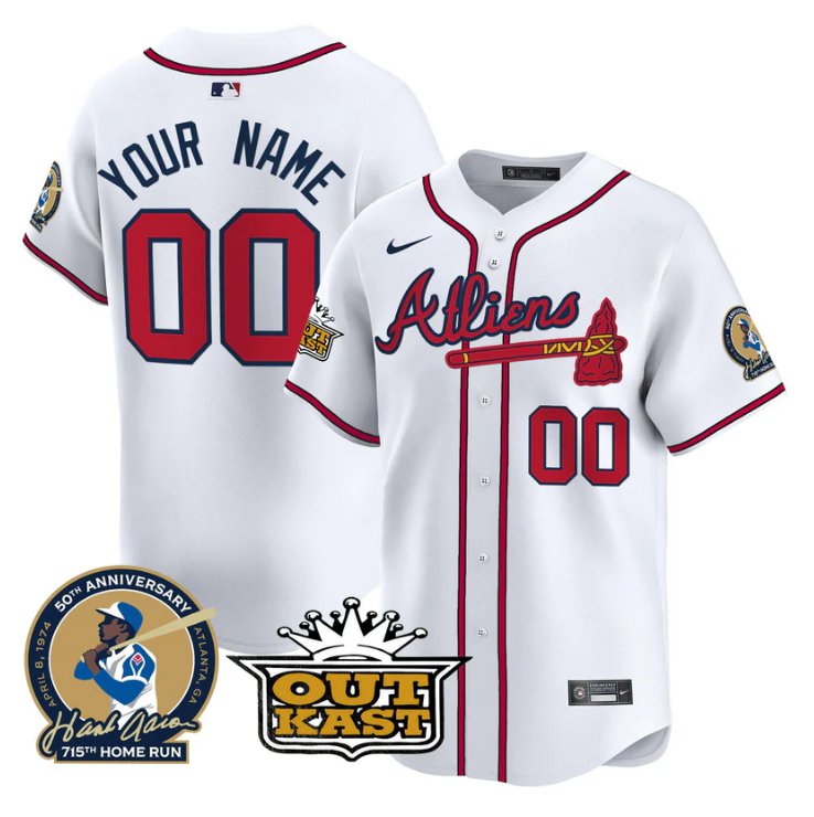 Atliens Atlanta Braves Active Player Custom Hank Aaron Outkast Patch Limited Stitched Jersey White