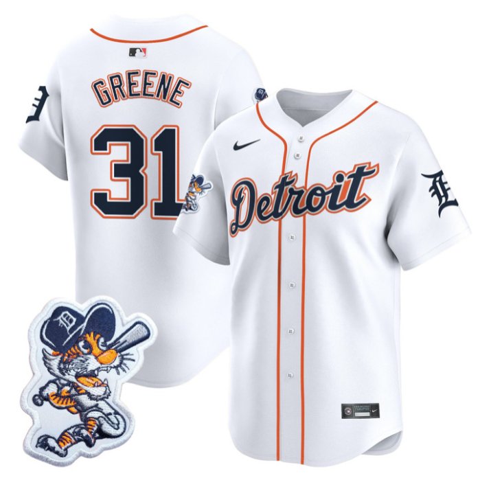 Men's Detroit Tigers #31 Riley Greene White Paws Patch Vapor Premier Limited Stitched Jersey