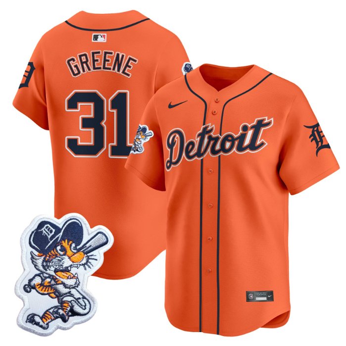 Men's Detroit Tigers #31 Riley Greene Orange Paws Patch Vapor Premier Limited Stitched Jersey
